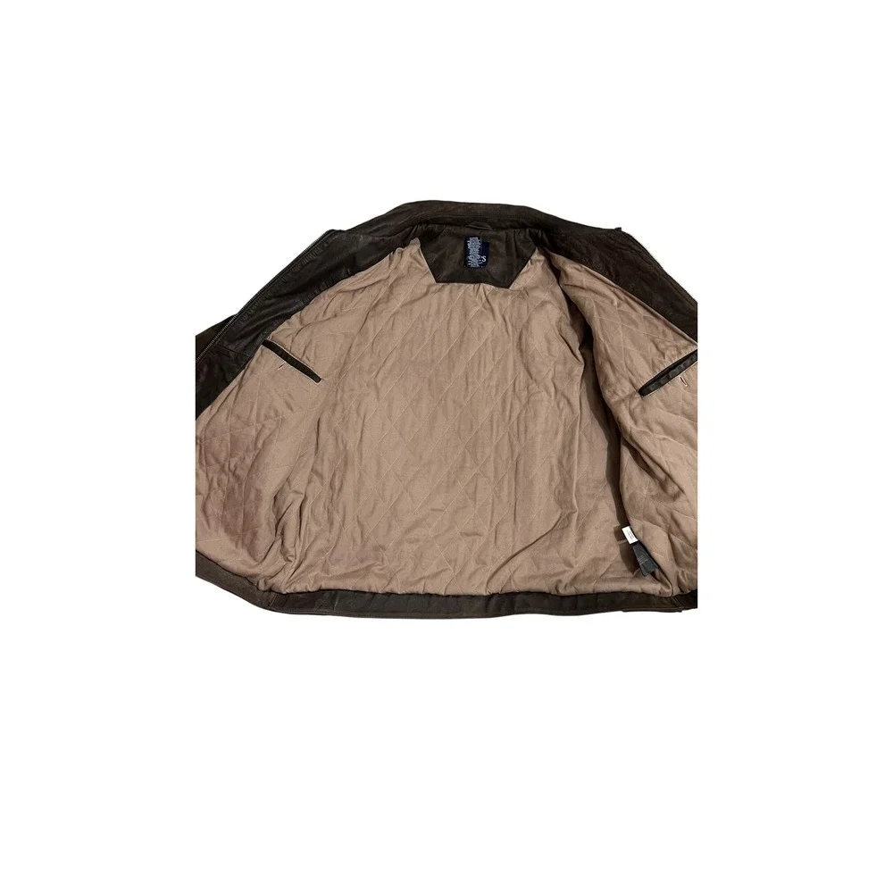 Chaps Mens XXL Brown Distressed Leather Bomber Jacket Quilted Lining Full Zip